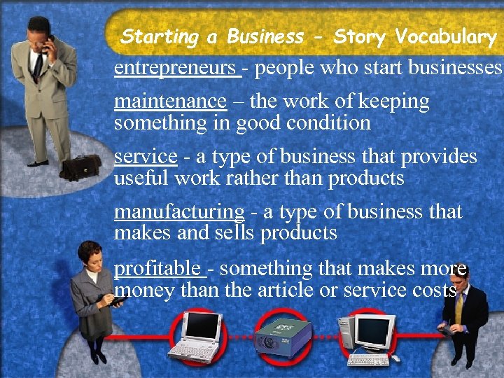 Starting a Business - Story Vocabulary entrepreneurs - people who start businesses maintenance –