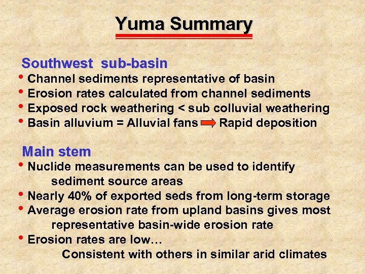 Yuma Summary Southwest sub-basin h. Channel sediments representative of basin h. Erosion rates calculated