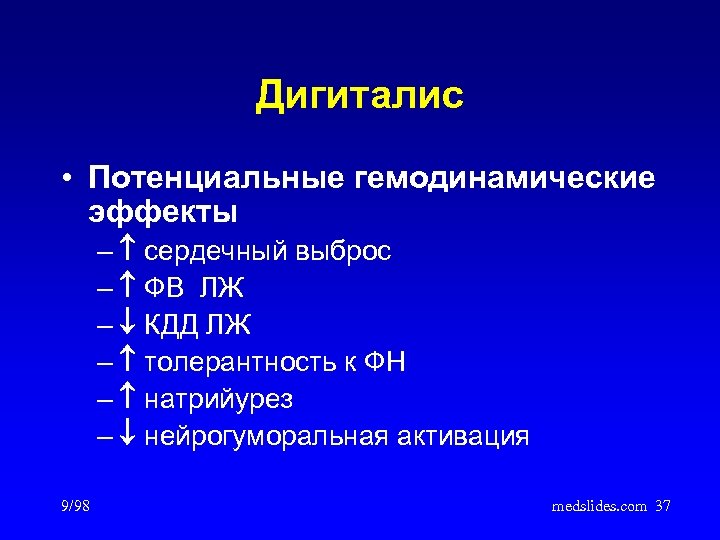 Дигиталис • Потенциальные гемодинамические эффекты – cердечный выброс – ФВ ЛЖ – КДД ЛЖ