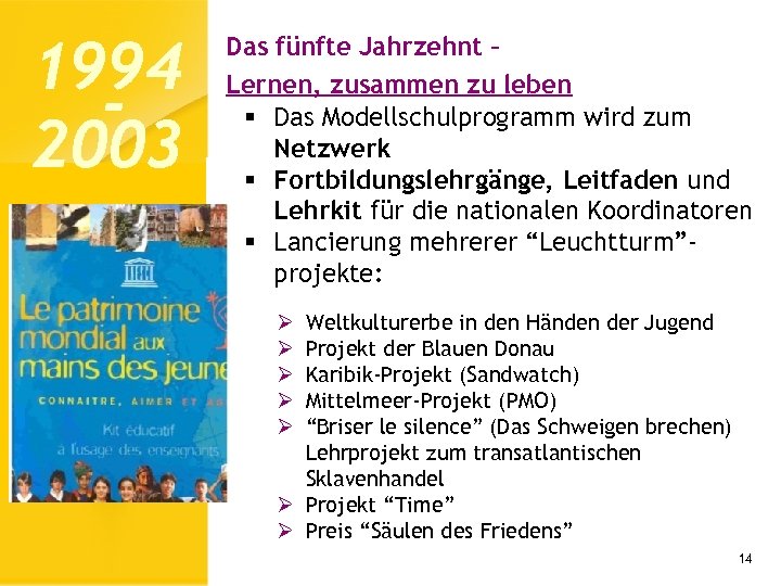 1994 2003 Das fünfte Jahrzehnt – Lernen, zusammen zu leben § Das Modellschulprogramm wird