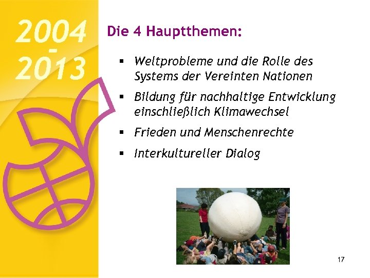 2004 2013 Die 4 Hauptthemen: § Weltprobleme und die Rolle des Systems der Vereinten