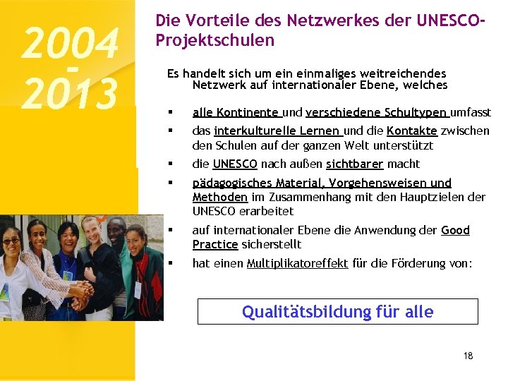 2004 2013 Die Vorteile des Netzwerkes der UNESCOProjektschulen Es handelt sich um einmaliges weitreichendes