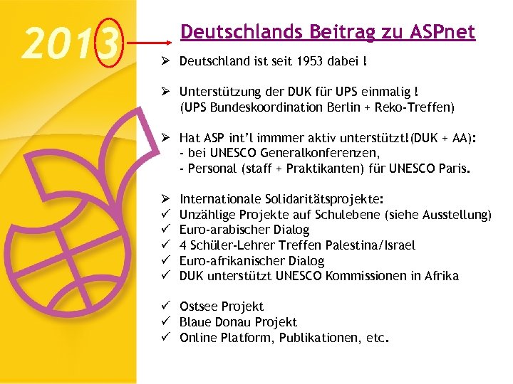 2013 Deutschlands Beitrag zu ASPnet Ø Deutschland ist seit 1953 dabei ! Ø Unterstützung