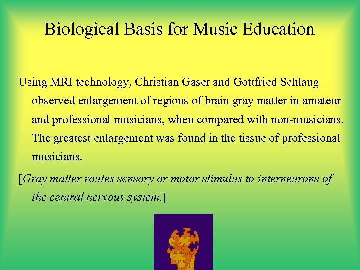 Biological Basis for Music Education Using MRI technology, Christian Gaser and Gottfried Schlaug observed