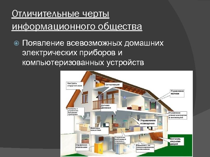 Отличительные черты информационного общества Появление всевозможных домашних электрических приборов и компьютеризованных устройств 