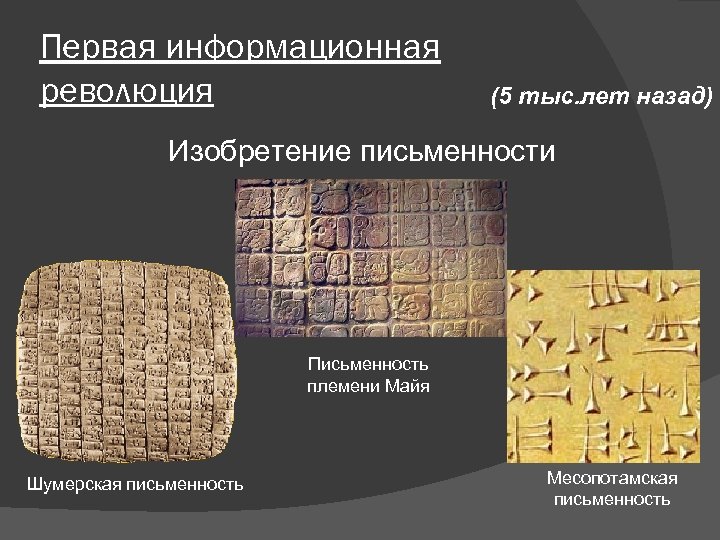 Первая информационная революция (5 тыс. лет назад) Изобретение письменности Письменность племени Майя Шумерская письменность