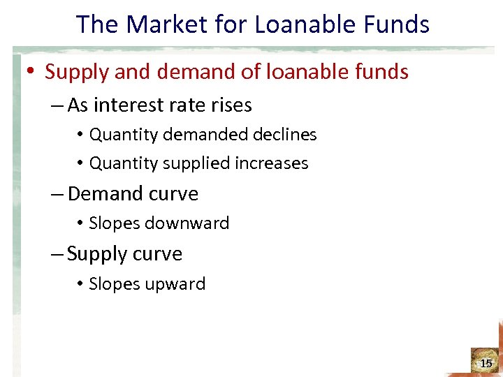 The Market for Loanable Funds • Supply and demand of loanable funds – As