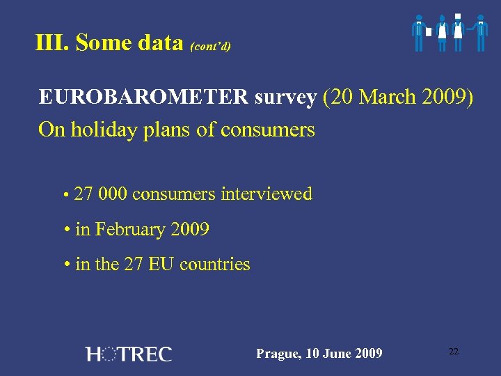 III. Some data (cont’d) EUROBAROMETER survey (20 March 2009) On holiday plans of consumers
