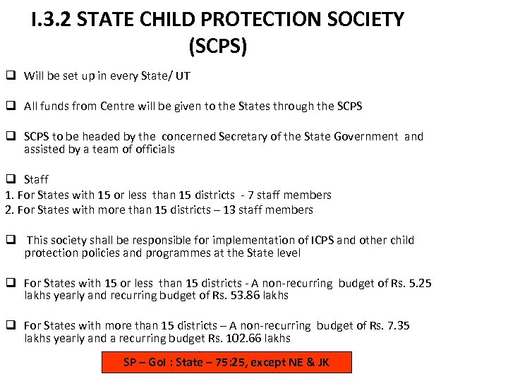 I. 3. 2 STATE CHILD PROTECTION SOCIETY (SCPS) q Will be set up in