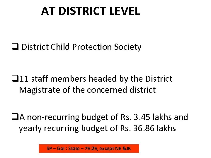 AT DISTRICT LEVEL q District Child Protection Society q 11 staff members headed by