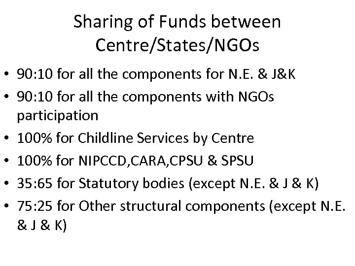 Sharing of Funds between Centre/States/NGOs • 90: 10 for all the components for N.