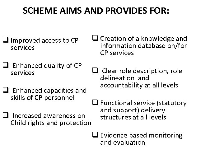 SCHEME AIMS AND PROVIDES FOR: q Improved access to CP services q Enhanced quality