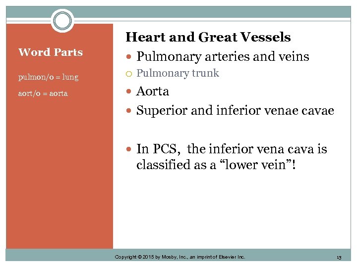 Word Parts Heart and Great Vessels Pulmonary arteries and veins Pulmonary trunk pulmon/o =