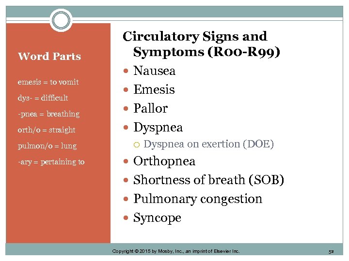 Word Parts emesis = to vomit dys- = difficult -pnea = breathing orth/o =