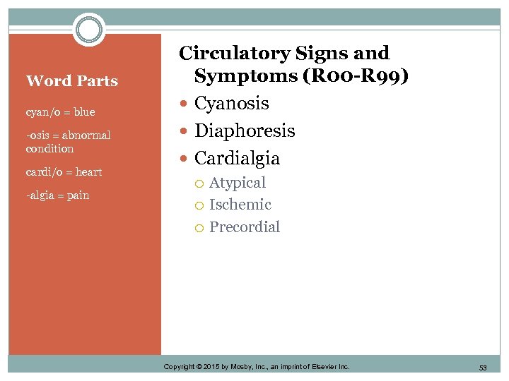 Word Parts cyan/o = blue -osis = abnormal condition cardi/o = heart -algia =