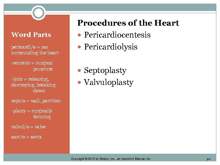 Word Parts pericardi/o = sac surrounding the heart -centesis = surgical puncture -lysis =