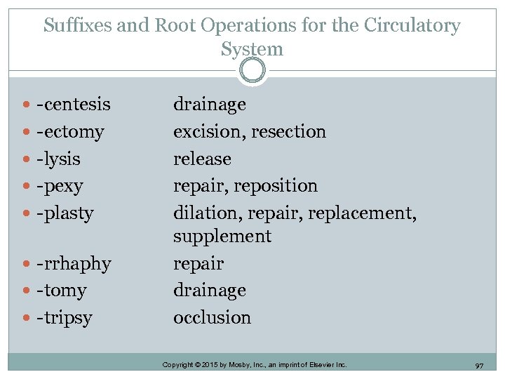 Suffixes and Root Operations for the Circulatory System -centesis -ectomy -lysis -pexy -plasty -rrhaphy