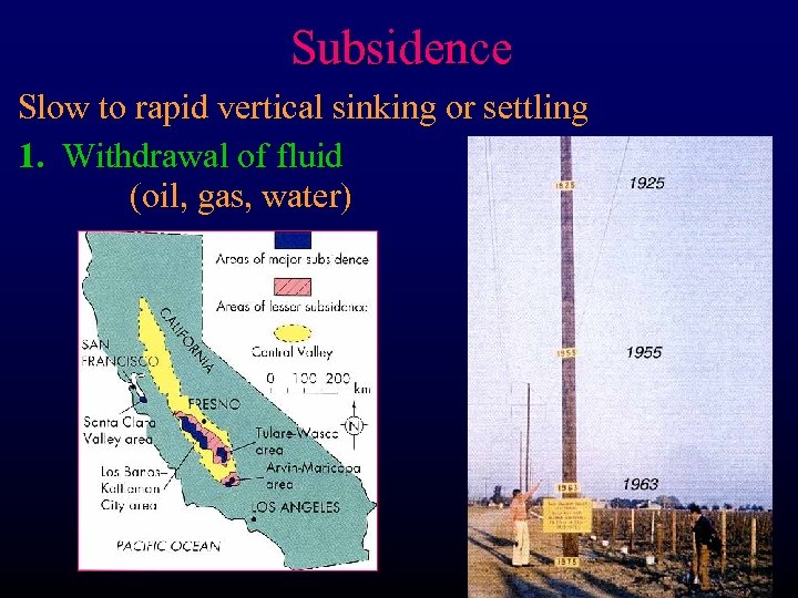 Subsidence Slow to rapid vertical sinking or settling 1. Withdrawal of fluid (oil, gas,