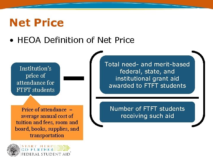 Net Price • HEOA Definition of Net Price Institution’s price of attendance for FTFT