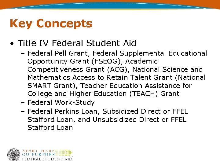 Key Concepts • Title IV Federal Student Aid – Federal Pell Grant, Federal Supplemental