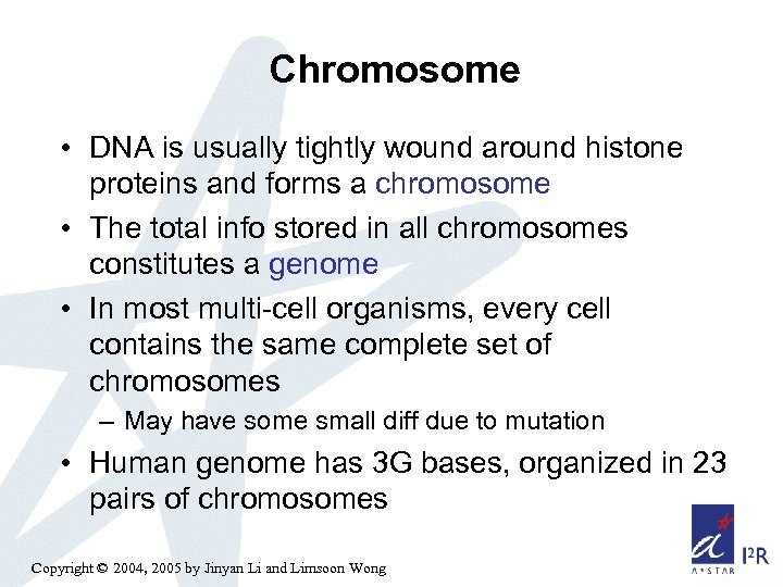 Chromosome • DNA is usually tightly wound around histone proteins and forms a chromosome