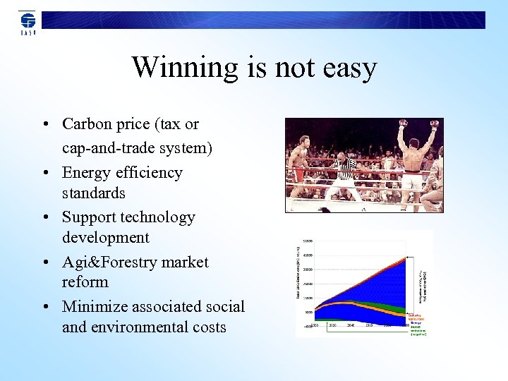 Winning is not easy • Carbon price (tax or cap-and-trade system) • Energy efficiency
