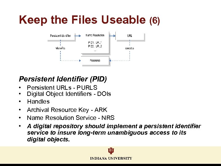 Keep the Files Useable (6) Persistent Identifier (PID) • • • Persistent URLs -