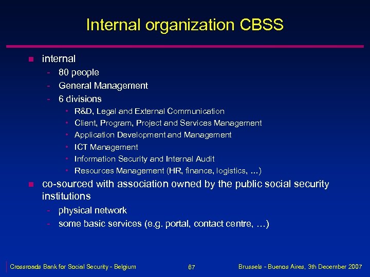 Internal organization CBSS n internal - 80 people - General Management - 6 divisions