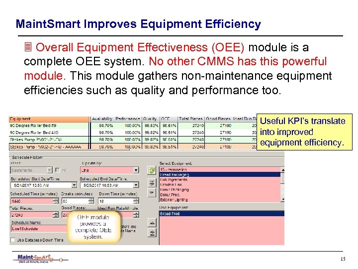 Maint. Smart Improves Equipment Efficiency 3 Overall Equipment Effectiveness (OEE) module is a complete
