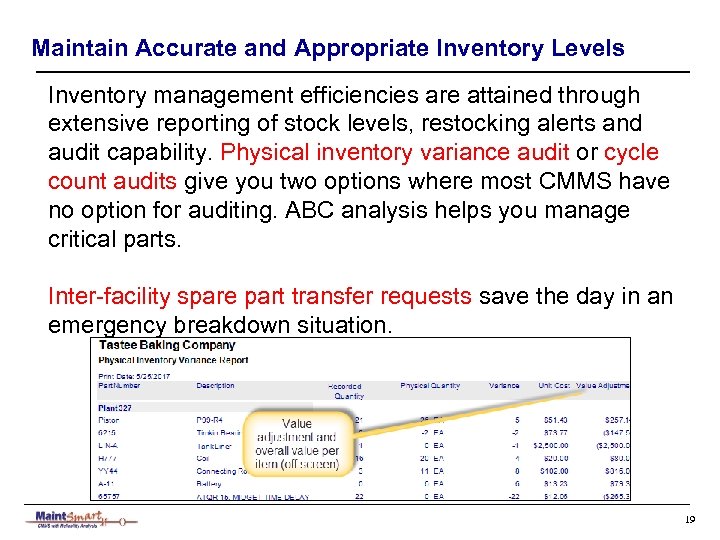 Maintain Accurate and Appropriate Inventory Levels Inventory management efficiencies are attained through extensive reporting