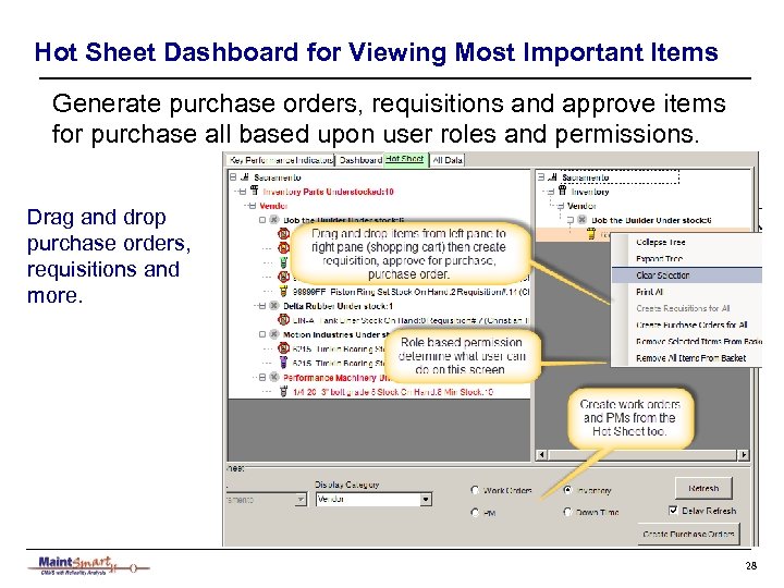 Hot Sheet Dashboard for Viewing Most Important Items Generate purchase orders, requisitions and approve