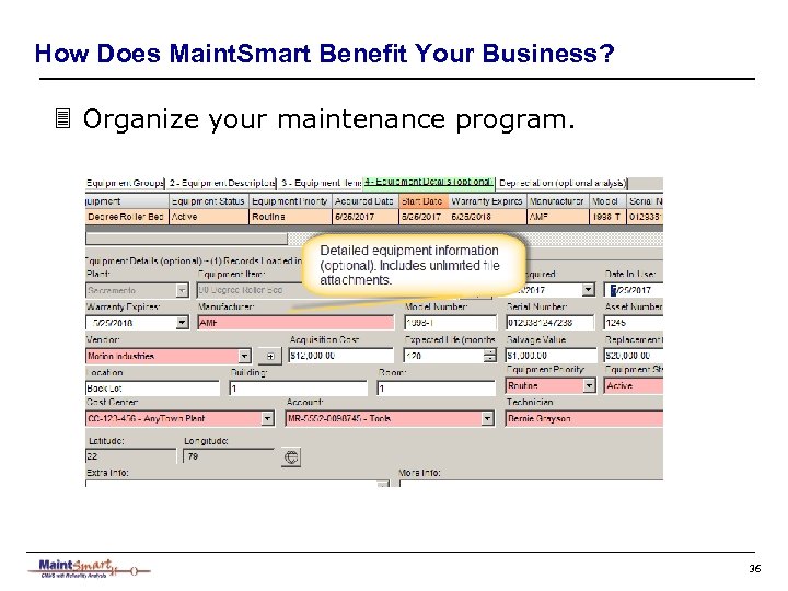 How Does Maint. Smart Benefit Your Business? 3 Organize your maintenance program. 36 