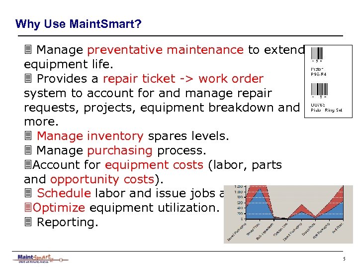 Why Use Maint. Smart? 3 Manage preventative maintenance to extend equipment life. 3 Provides
