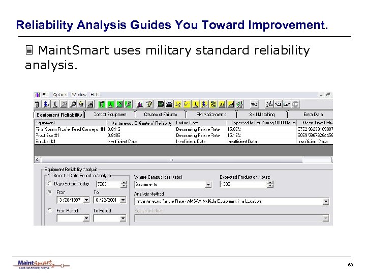 Reliability Analysis Guides You Toward Improvement. 3 Maint. Smart uses military standard reliability analysis.