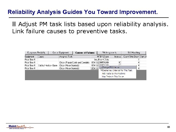Reliability Analysis Guides You Toward Improvement. 3 Adjust PM task lists based upon reliability