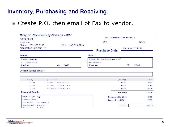 Inventory, Purchasing and Receiving. 3 Create P. O. then email of Fax to vendor.