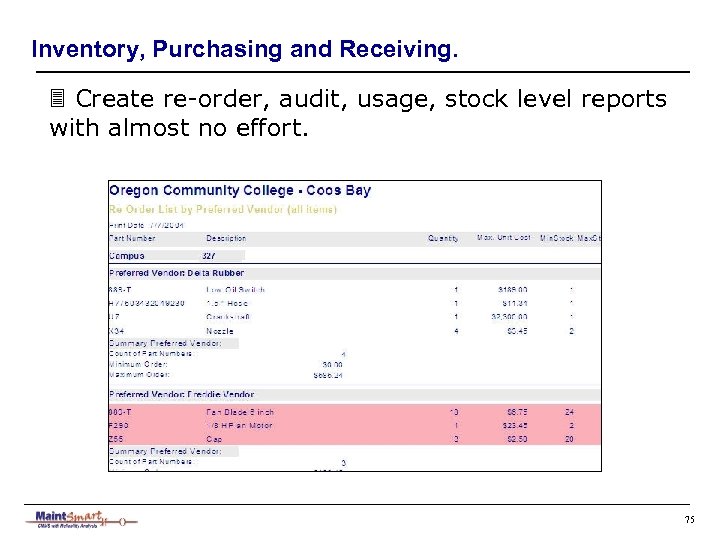 Inventory, Purchasing and Receiving. 3 Create re-order, audit, usage, stock level reports with almost