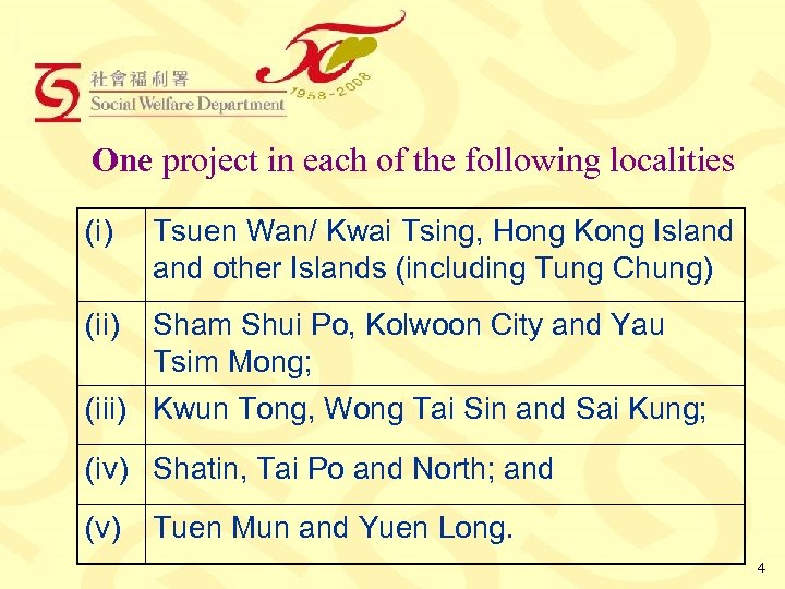 One project in each of the following localities (i) Tsuen Wan/ Kwai Tsing, Hong