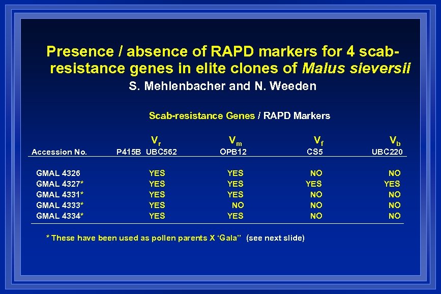 Presence / absence of RAPD markers for 4 scabresistance genes in elite clones of