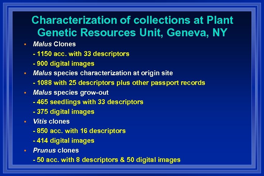 Characterization of collections at Plant Genetic Resources Unit, Geneva, NY § § § Malus