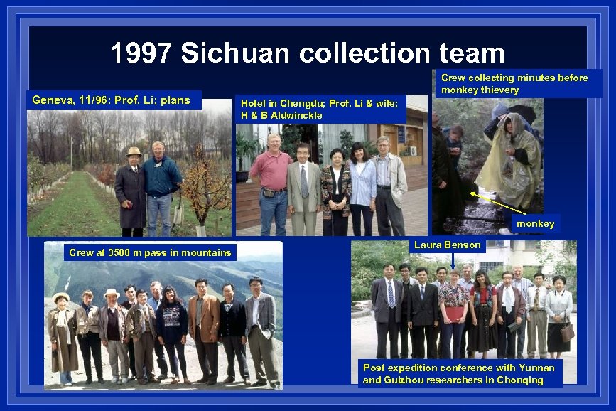 1997 Sichuan collection team Geneva, 11/96: Prof. Li; plans Crew collecting minutes before monkey