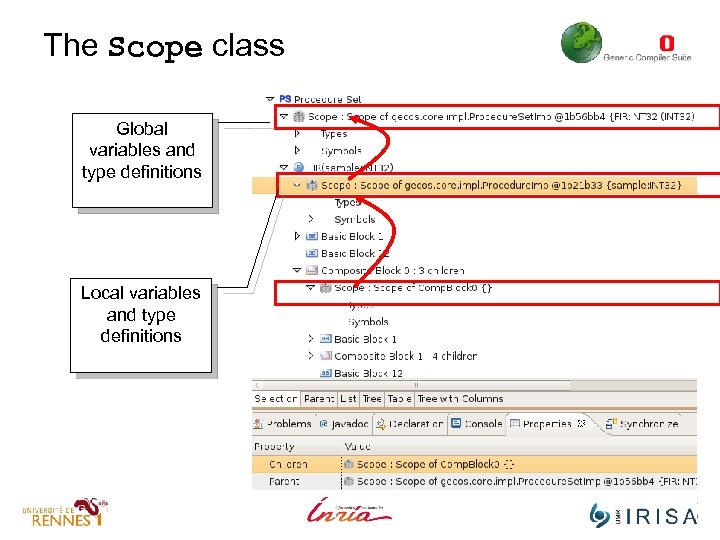 The Scope class Global variables and type definitions Local variables and type definitions 