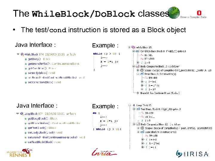 The While. Block/Do. Block classes • The test/cond instruction is stored as a Block