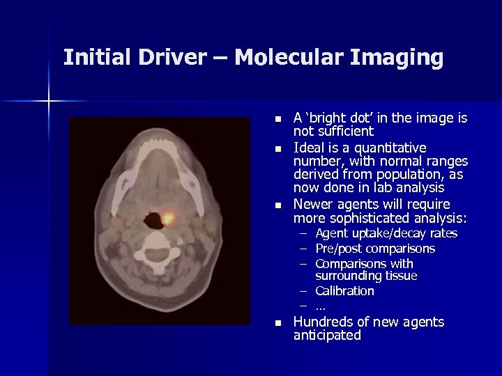 Initial Driver – Molecular Imaging n n n A ‘bright dot’ in the image