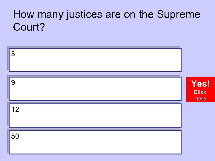 How many justices are on the Supreme Court? 5 9 Yes! Click here 12