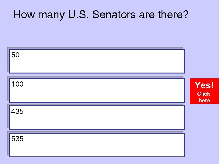How many U. S. Senators are there? 50 100 Yes! Click here 435 535
