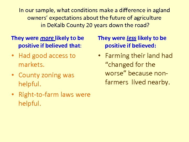In our sample, what conditions make a difference in agland owners’ expectations about the