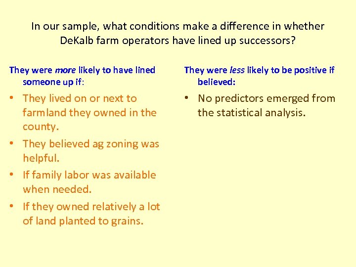 In our sample, what conditions make a difference in whether De. Kalb farm operators