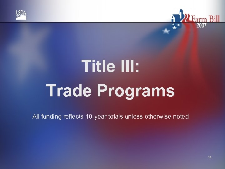 Title III: Trade Programs All funding reflects 10 -year totals unless otherwise noted 14