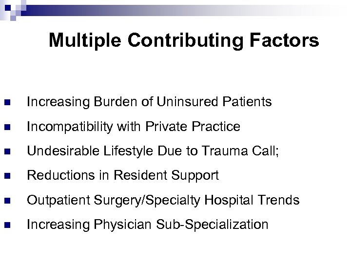 Multiple Contributing Factors n Increasing Burden of Uninsured Patients n Incompatibility with Private Practice